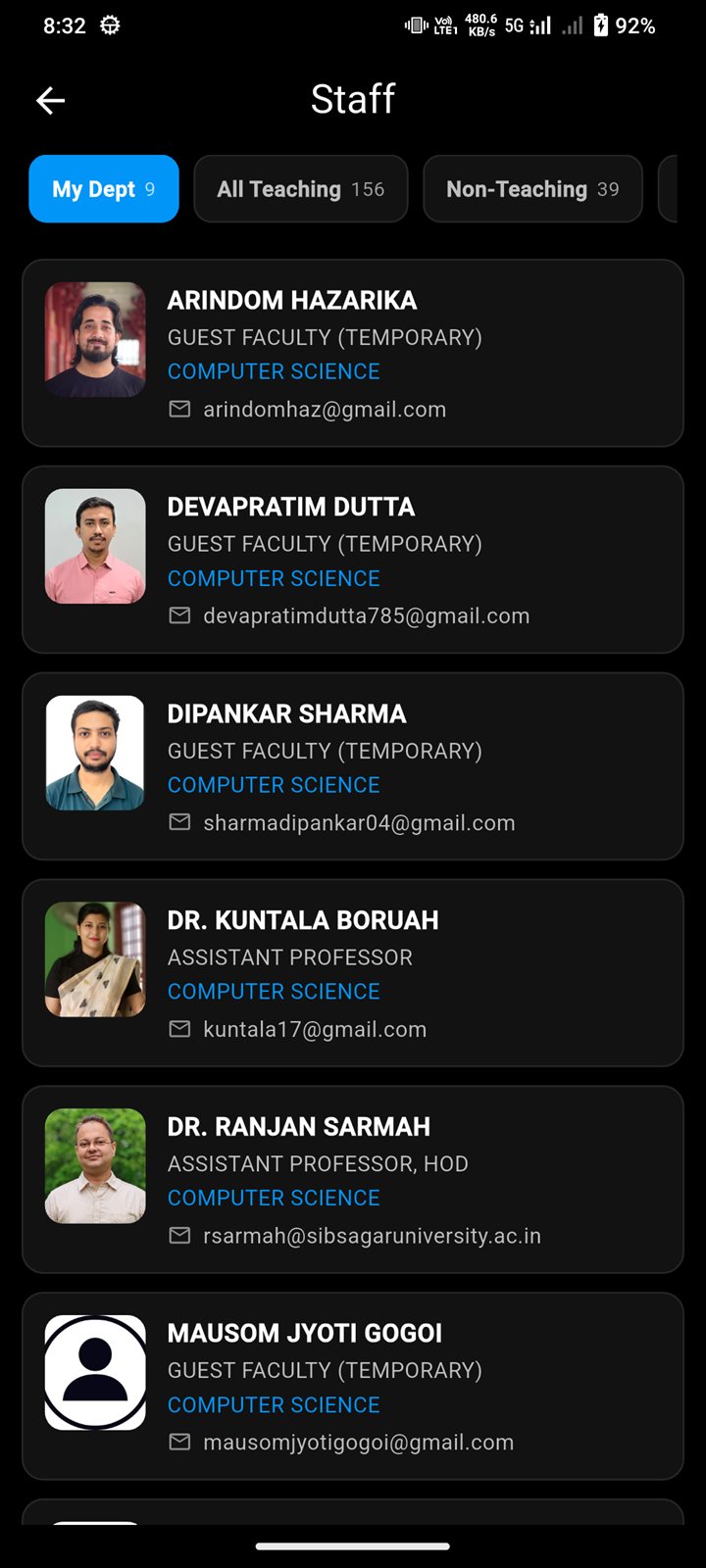 TrustGram staff directory with department tabs and email addresses