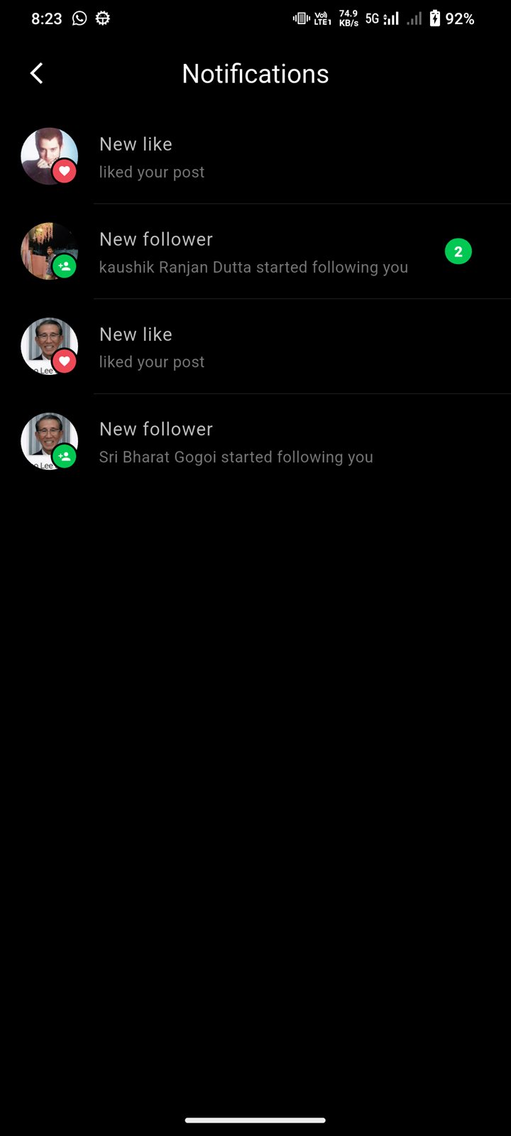 TrustGram notifications screen with likes and new followers