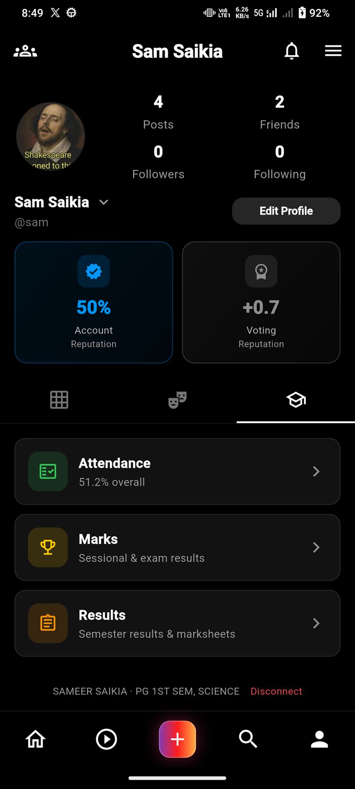 TrustGram profile academics tab with attendance, marks and results entries